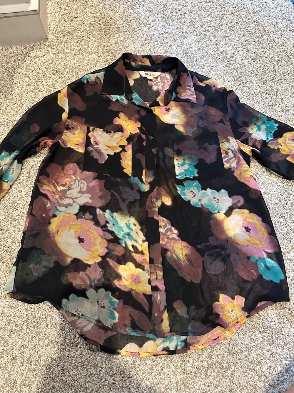 Decree Sheer floral button up shirt